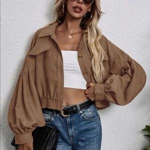 SHEIN lantern sleeve flap detail corduroy button down jacket